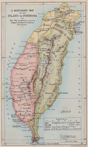 19世紀基督教長老教會教區分布圖，《福爾摩沙島宣教成功之紀錄》，1889年。