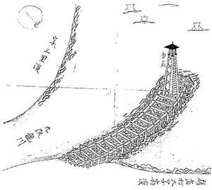 明治初期由荷蘭顧問工程師主導福井縣九頭龍川河口三國港導流堤繪圖(資料來源:福井縣建設協會)