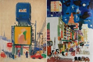 左：1968年席德進《中華商場》水彩畫；右：1967年曾景文以中華商場為主題繪製的水彩畫