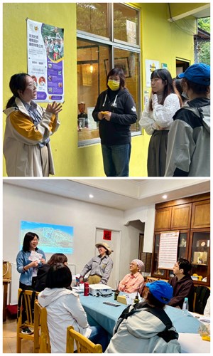 上圖：曹筠（左一）帶參與者走讀，介紹陽明山的歷史、景點與人文。下圖：曹筠與團隊成員透過商業思維與創意設計，將枯燥的地質知識與環境法規轉化為有趣的 ESG永續方案。