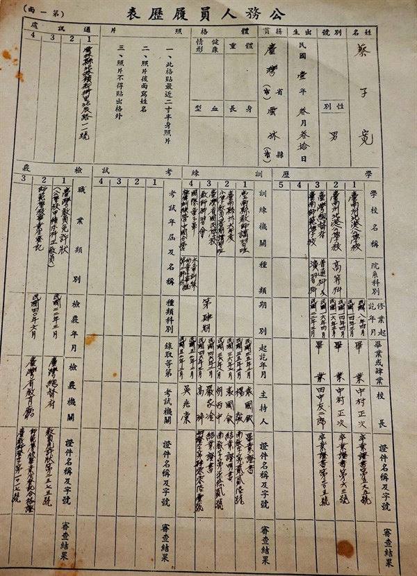 北港高中鄉土文物館館藏文物：早期公務人員履歷表