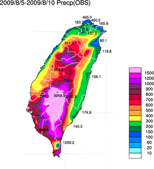 2009年8月5日至10日全臺累積雨量圖