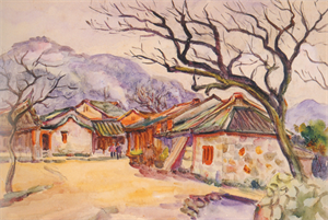 倪蔣懷繪製，1928，《金包里海邊民家》