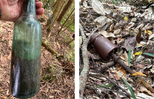 六龜警備道上遺留的日治時期酒瓶與礙子。本計畫拍攝