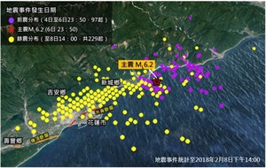 0206花蓮地震的前震及餘震分布(資料來源：中央氣象署、災防科技中心繪製)