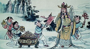 拜殿虎邊內牆前段壁畫「招財進寶」。