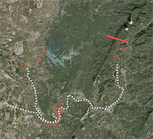 烏山頭水庫、烏山嶺引水隧道與大內土石採取區相對位置圖。