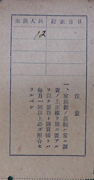 館藏日治時期野菜配給原符背面印有家族數異動調查表